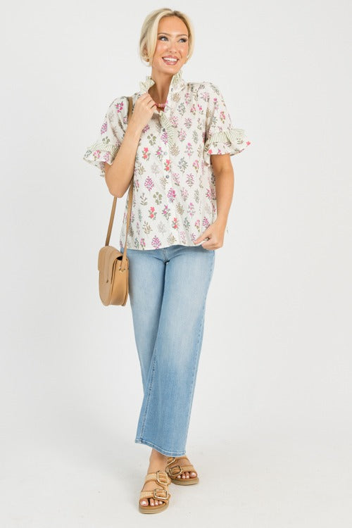 Floral Stems Stripe Top, Cream