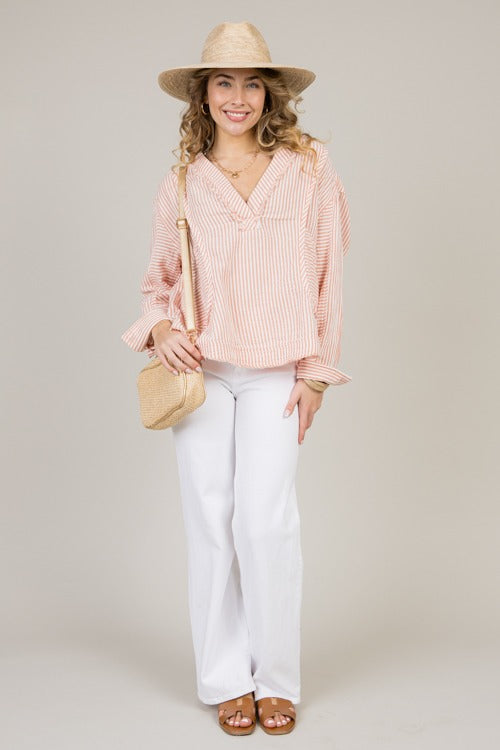 Gauze Pocket Top, Apricot Stripe