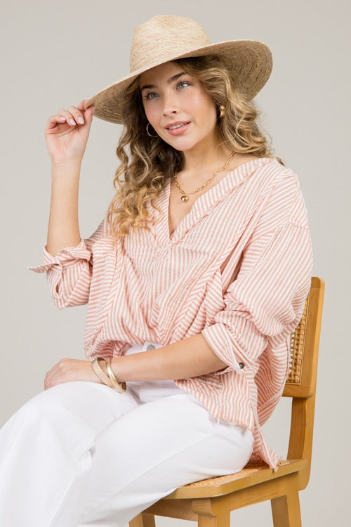 Gauze Pocket Top, Apricot Stripe