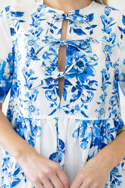 Blue Floral Bow Tie Midi
