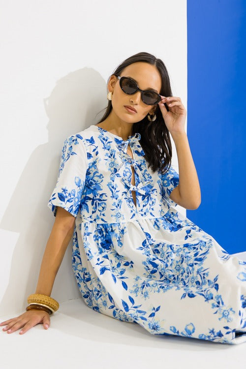 Blue Floral Bow Tie Midi