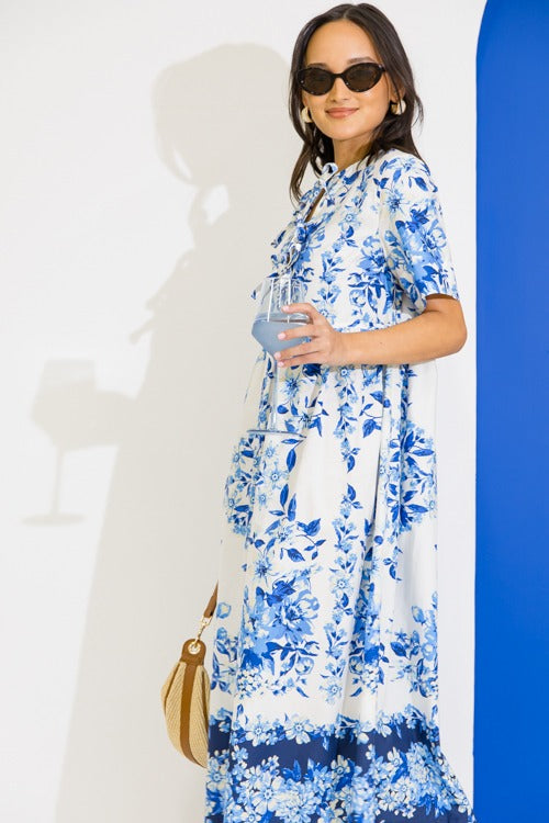 Blue Floral Bow Tie Midi