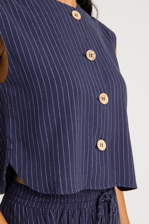 Pinstripe Button Vest, Navy