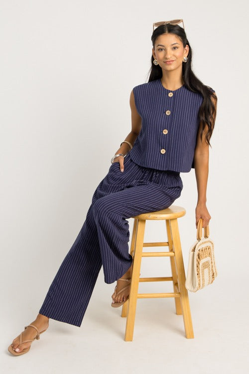 Pinstripe Button Vest, Navy