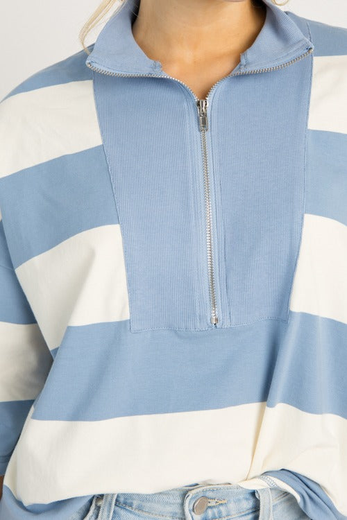 Half Zip Stripe Top, Blue