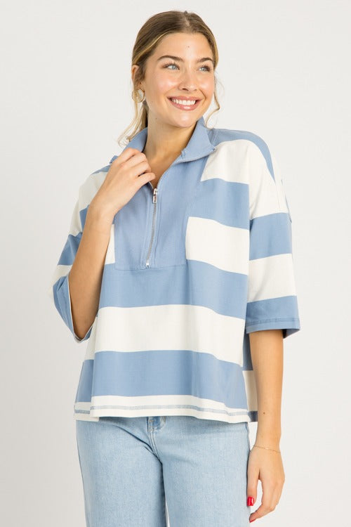 Half Zip Stripe Top, Blue