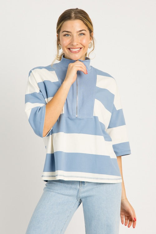 Half Zip Stripe Top, Blue