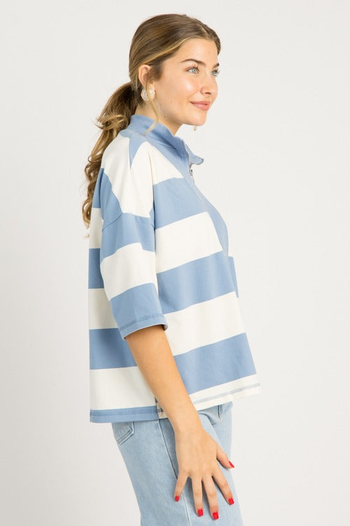 Half Zip Stripe Top, Blue