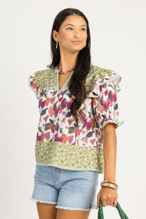 Double Floral Stripe Top, Plum