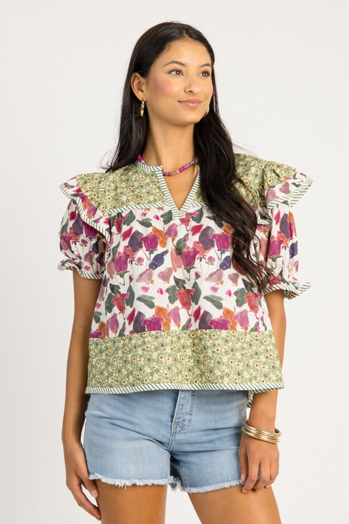 Double Floral Stripe Top, Plum