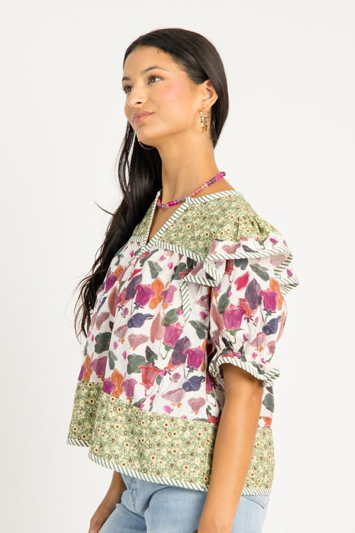 Double Floral Stripe Top, Plum