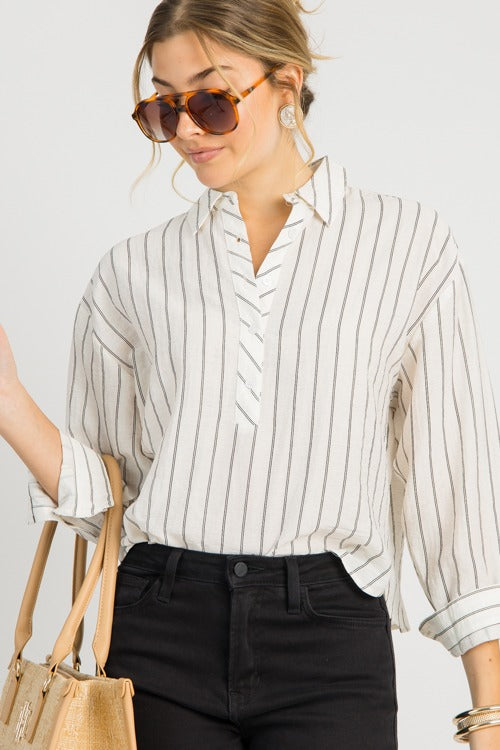 Striped Half Button Shirt, Ivory