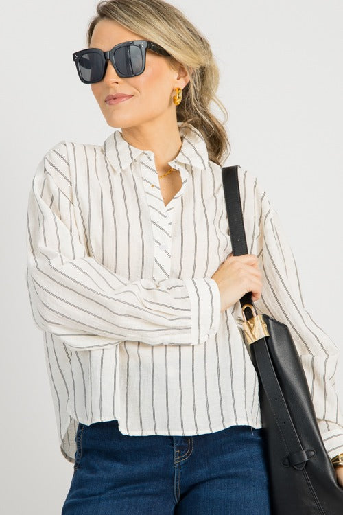 Striped Half Button Shirt, Ivory
