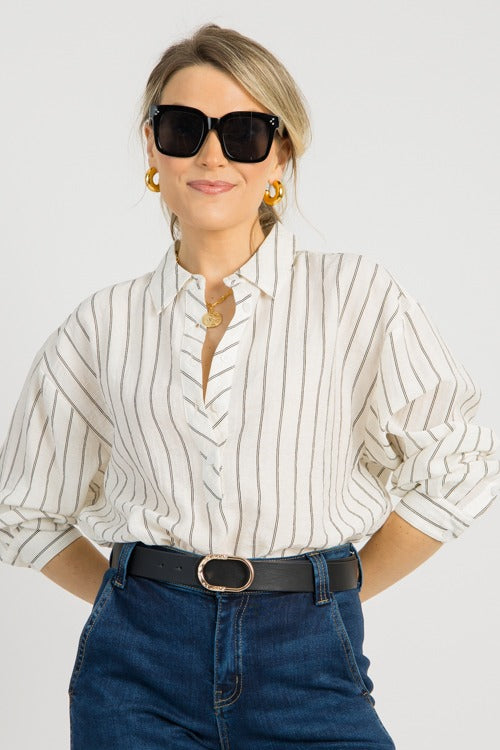 Striped Half Button Shirt, Ivory