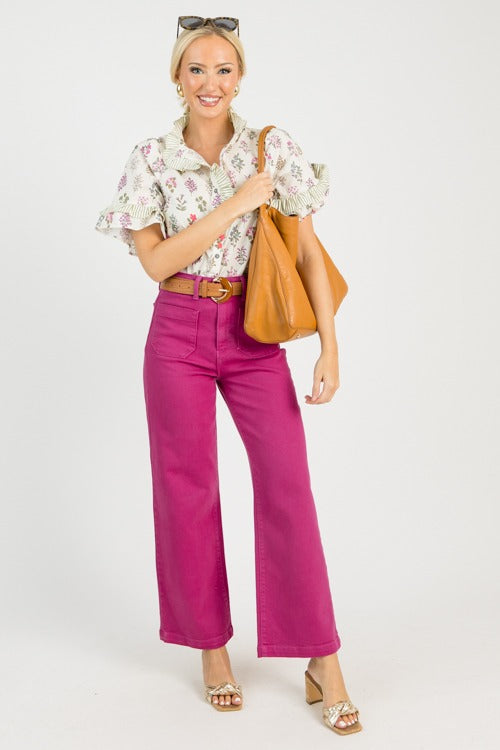 Floral Stems Stripe Top, Cream