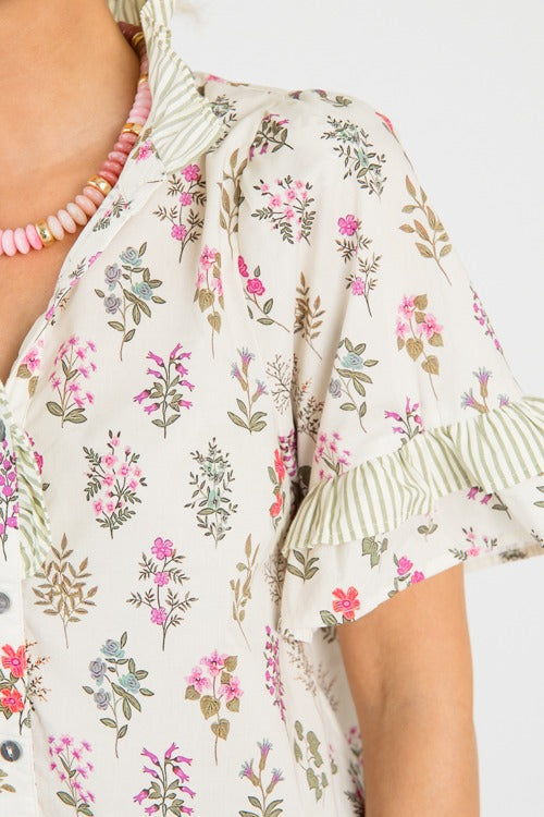Floral Stems Stripe Top, Cream