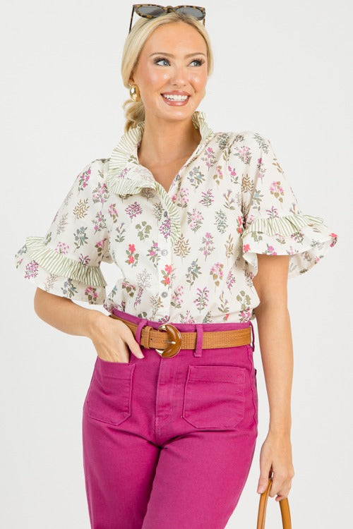 Floral Stems Stripe Top, Cream