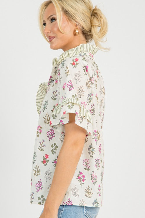 Floral Stems Stripe Top, Cream