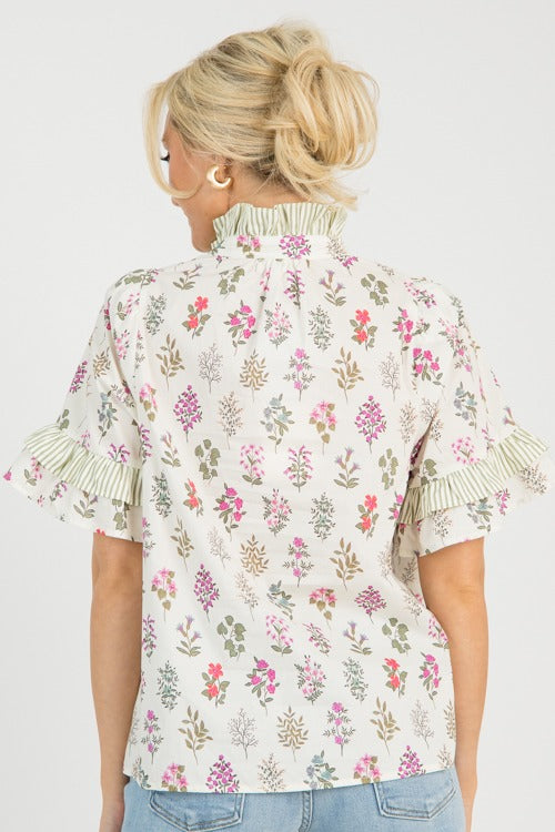 Floral Stems Stripe Top, Cream