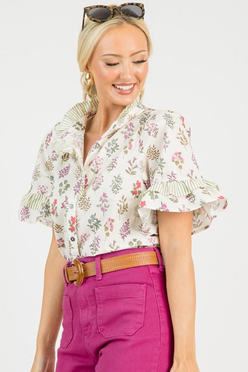 Floral Stems Stripe Top, Cream