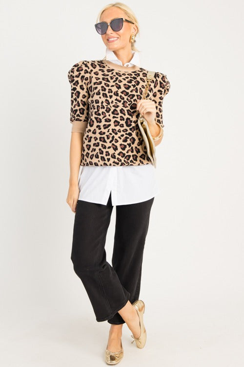Puff Sleeve Leopard Sweater, Latte