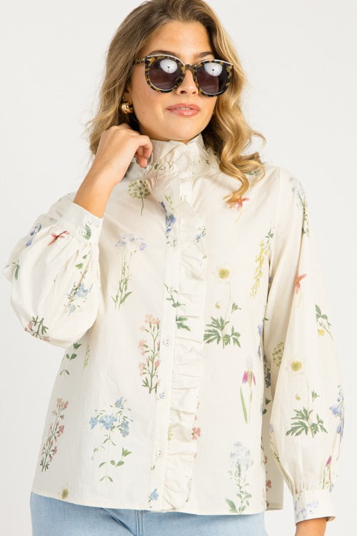 Floral Whimsy Button Top, Off White