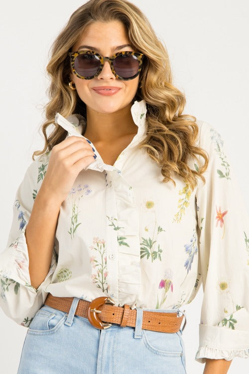 Floral Whimsy Button Top, Off White
