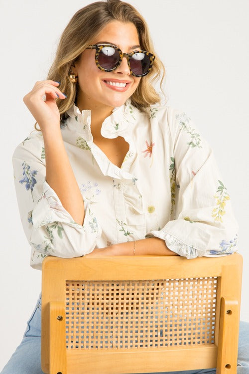 Floral Whimsy Button Top, Off White