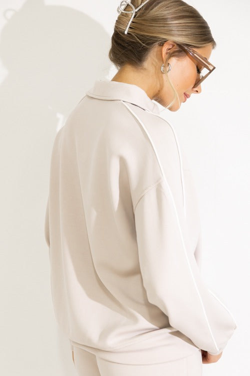 Piping Collared Pullover, Mocha