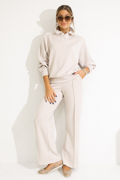 Piping Collared Pullover, Mocha