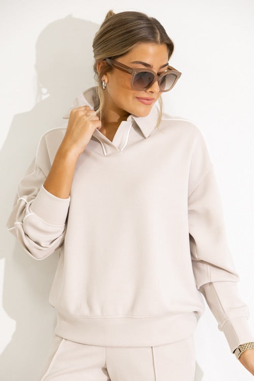 Piping Collared Pullover, Mocha
