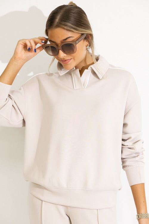 Piping Collared Pullover, Mocha