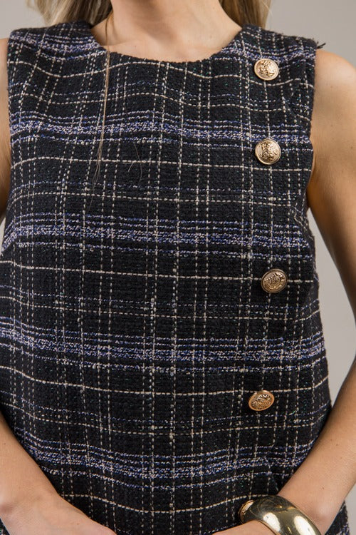 Tweed Scallop Button Dress, Black