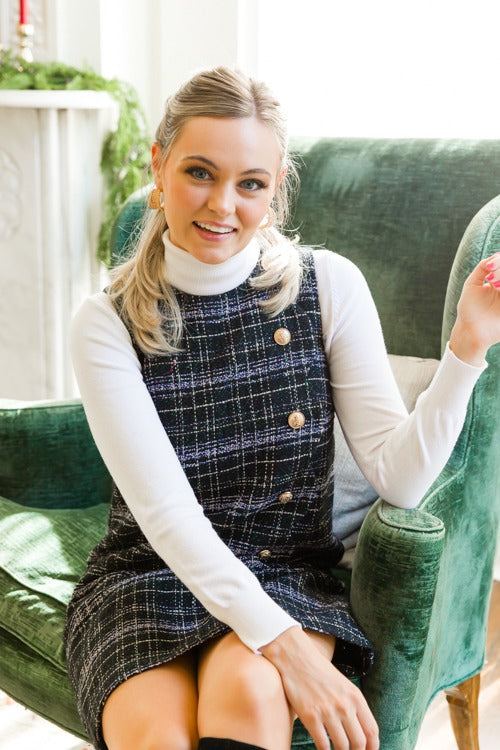 Tweed Scallop Button Dress, Black