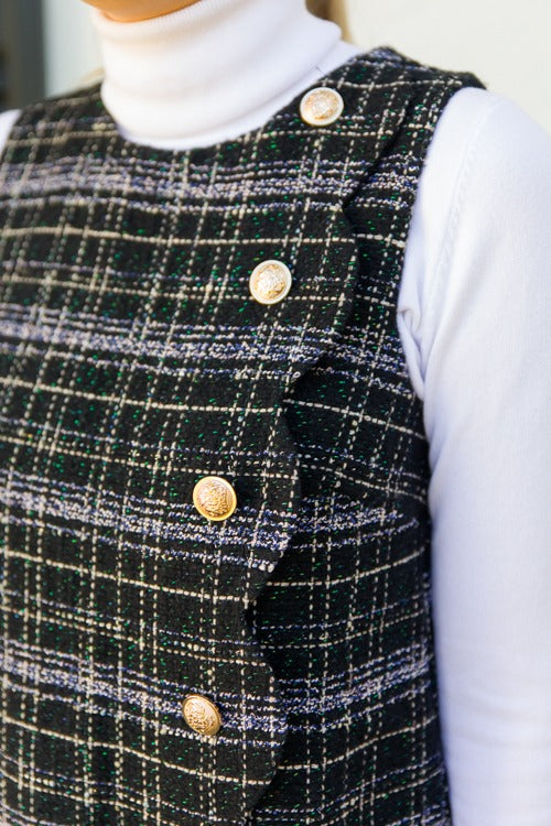 Tweed Scallop Button Dress, Black