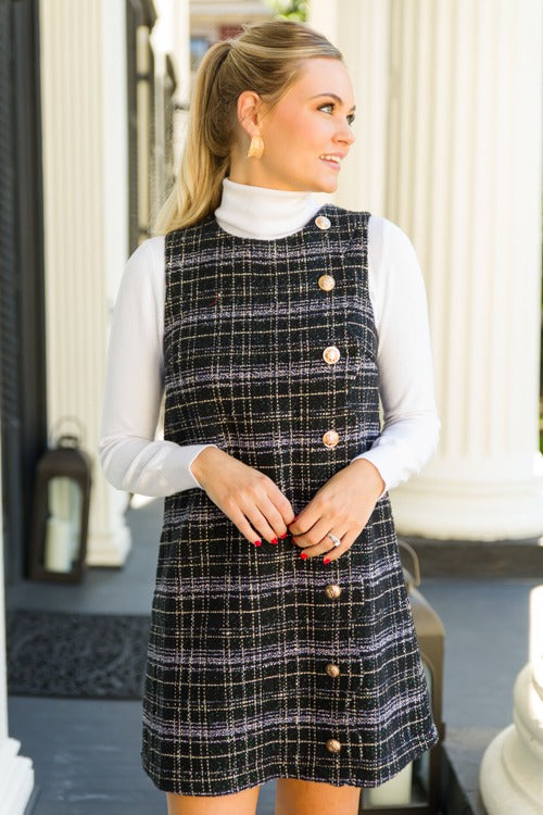 Tweed Scallop Button Dress, Black
