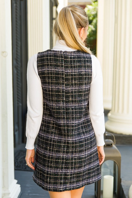 Tweed Scallop Button Dress, Black