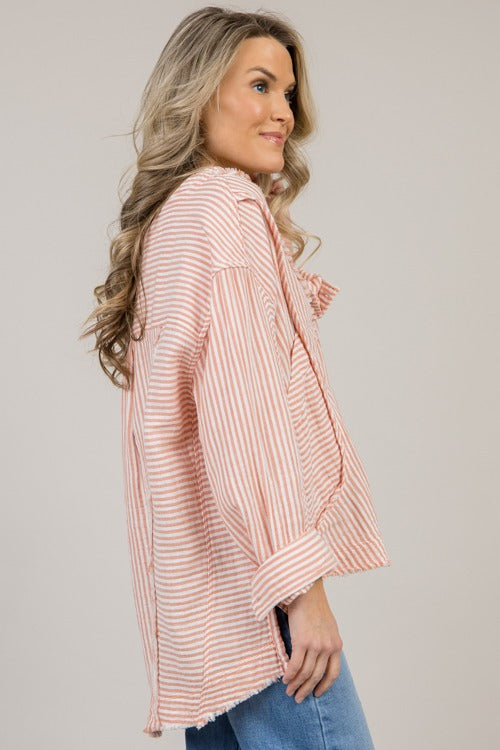 Gauze Pocket Top, Apricot Stripe