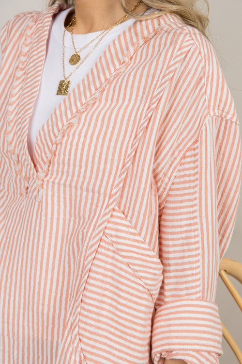 Gauze Pocket Top, Apricot Stripe